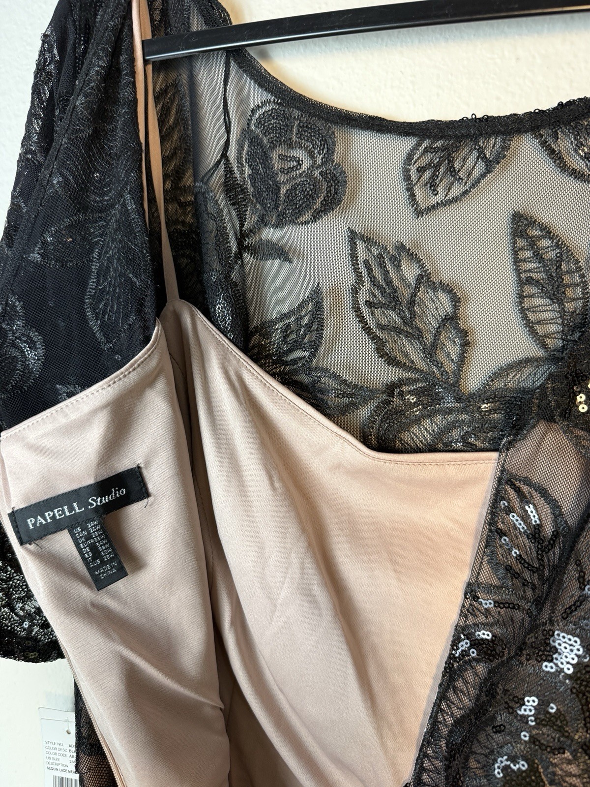 Adrianna Papell Studio Sequined Lace Gown Black Nude Dress Plus 24W NWT Belt