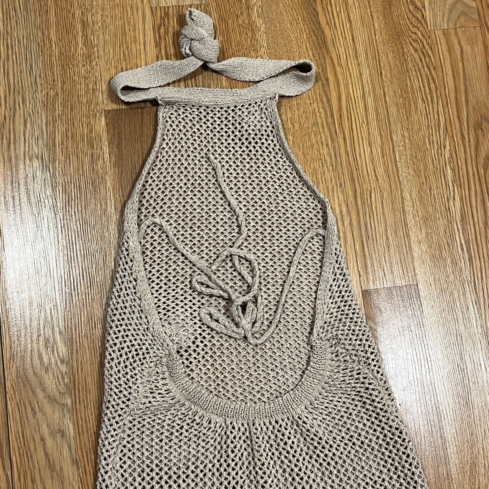 Beige Crochet Knit Halter Maxi Dress M Rosette Floral Open Back Boho Beachwear