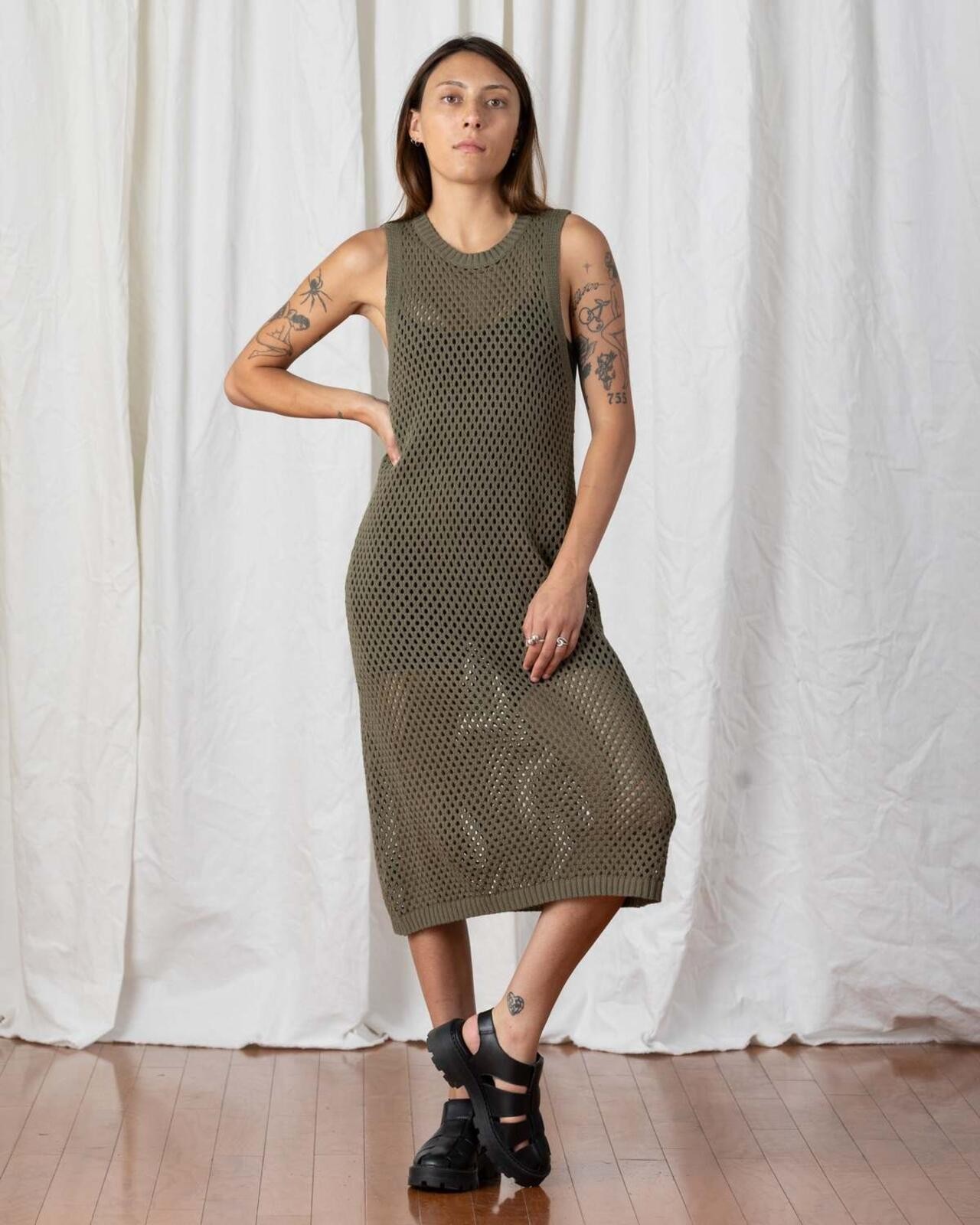 NWT Ali Golden 100% Cotton Olive Open Knit Midi Dress Sz L Beach Summer Boho
