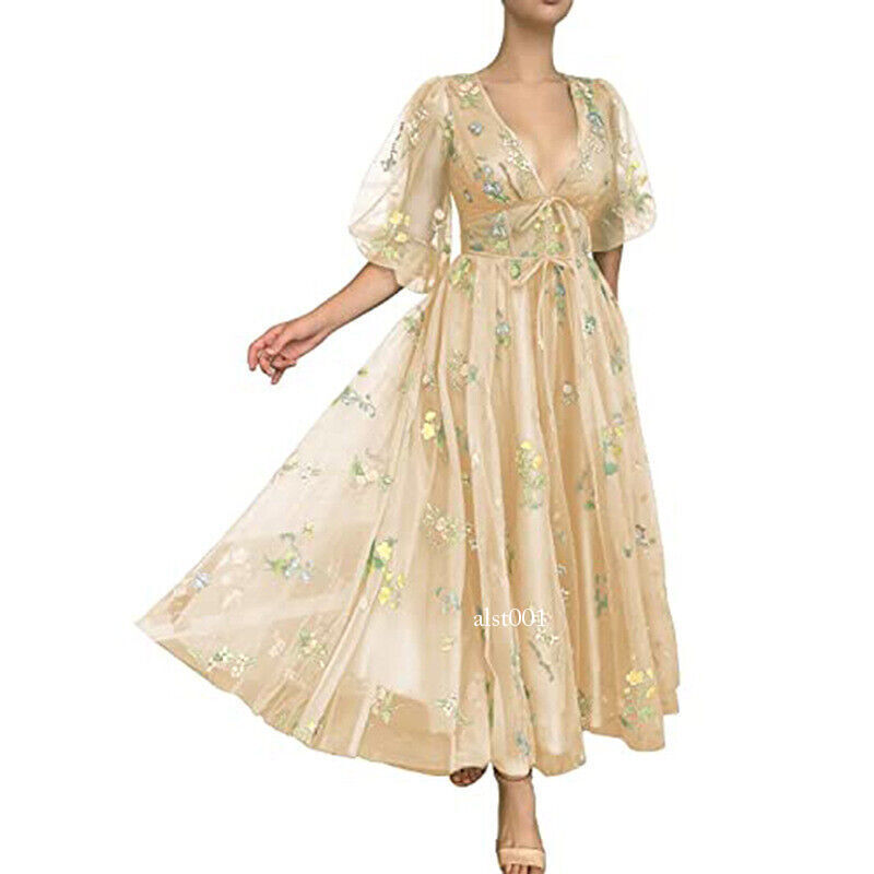 LADY Womens Embroidery Flower Puffy Sleeve Prom Dress Lace Up A-line Midi Dress