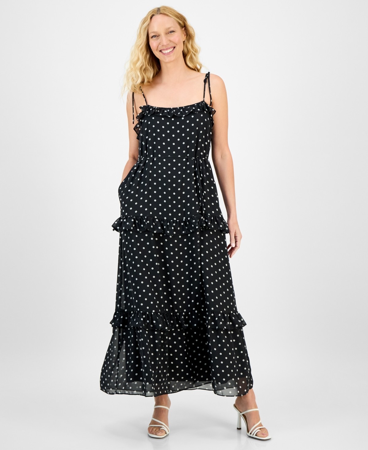 Julia Jordan Tie-Strap Ruffle-Tier Maxi Dress Women’s M Black White Polka Dots