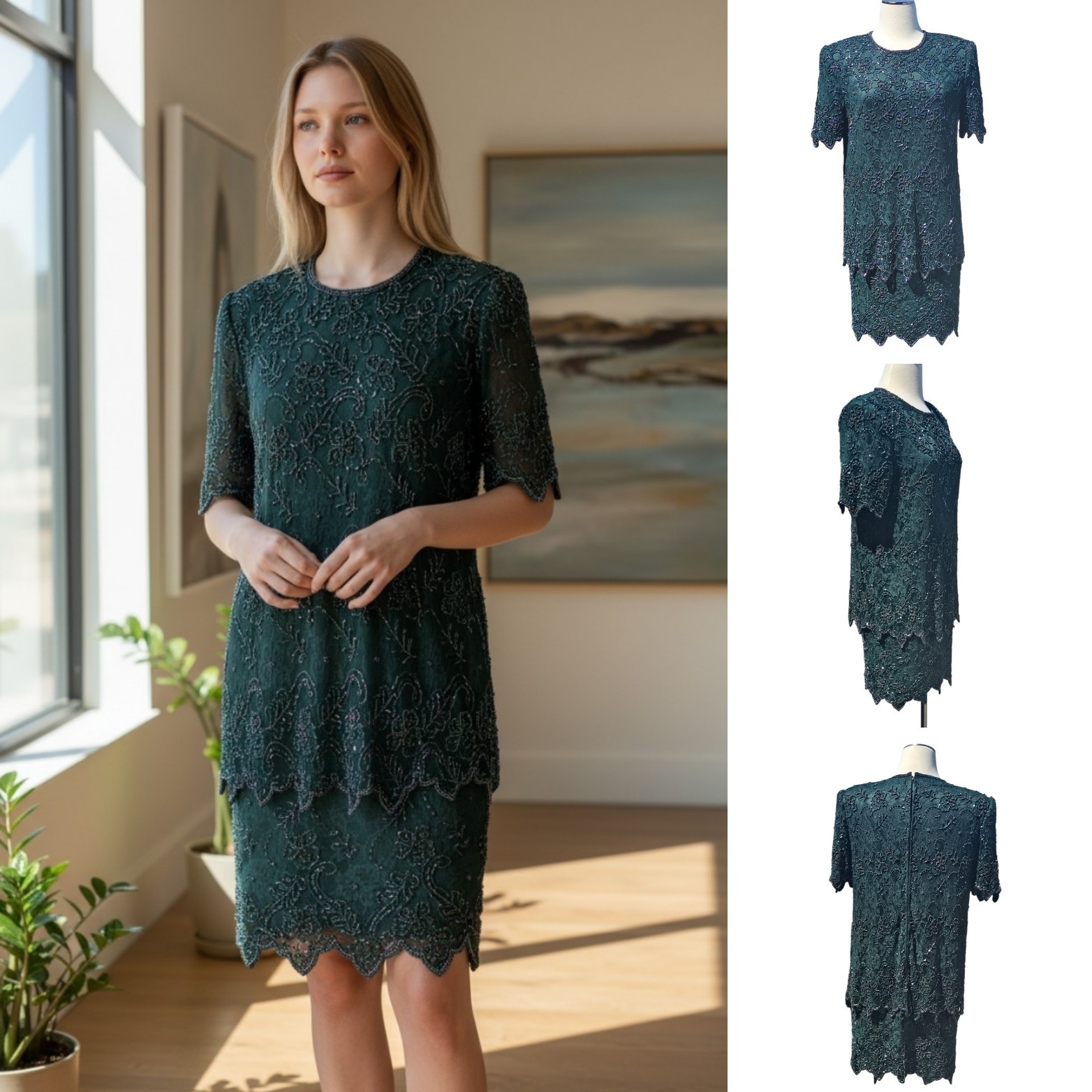 Vintage Brilliante By J.A. 80’s Glam Sequin Lace Green Beaded Dress Sz LP