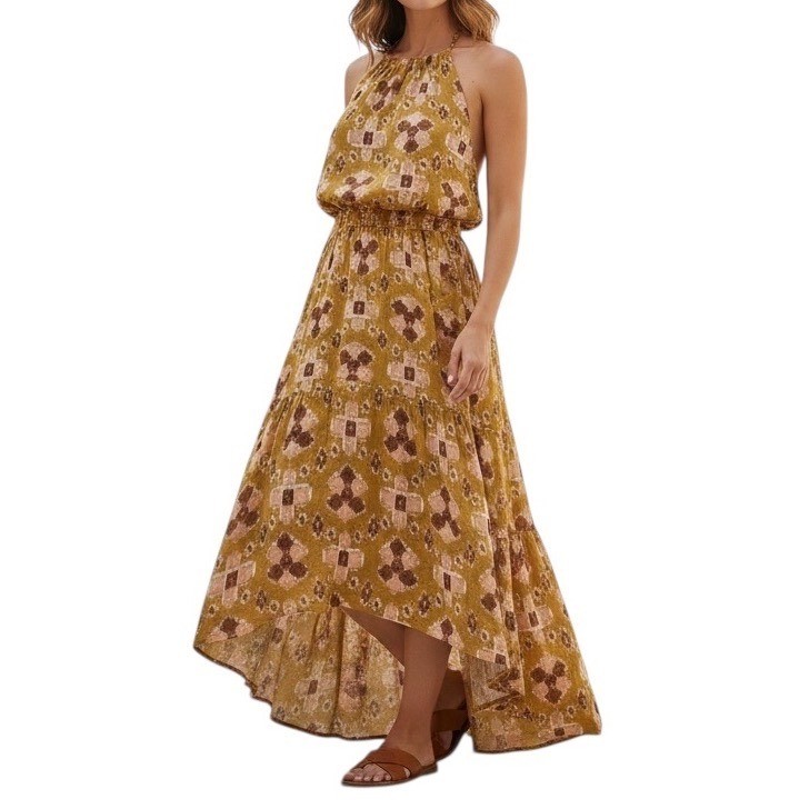 Aerie Mustard Yellow Geometric Print Halter Maxi Dress Tiered High Low Size XS