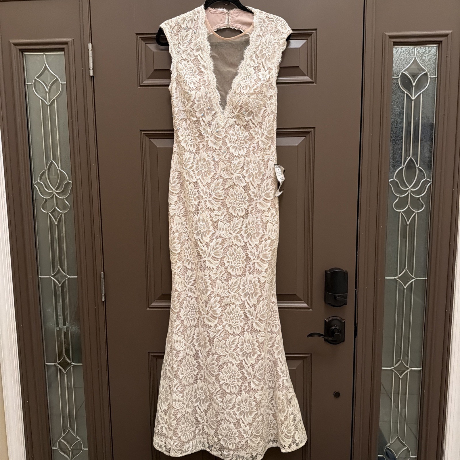 Betsy & Adam Lace Wedding Evening Gown Ivory Formal Illusion V Neck 12 Rehearsal