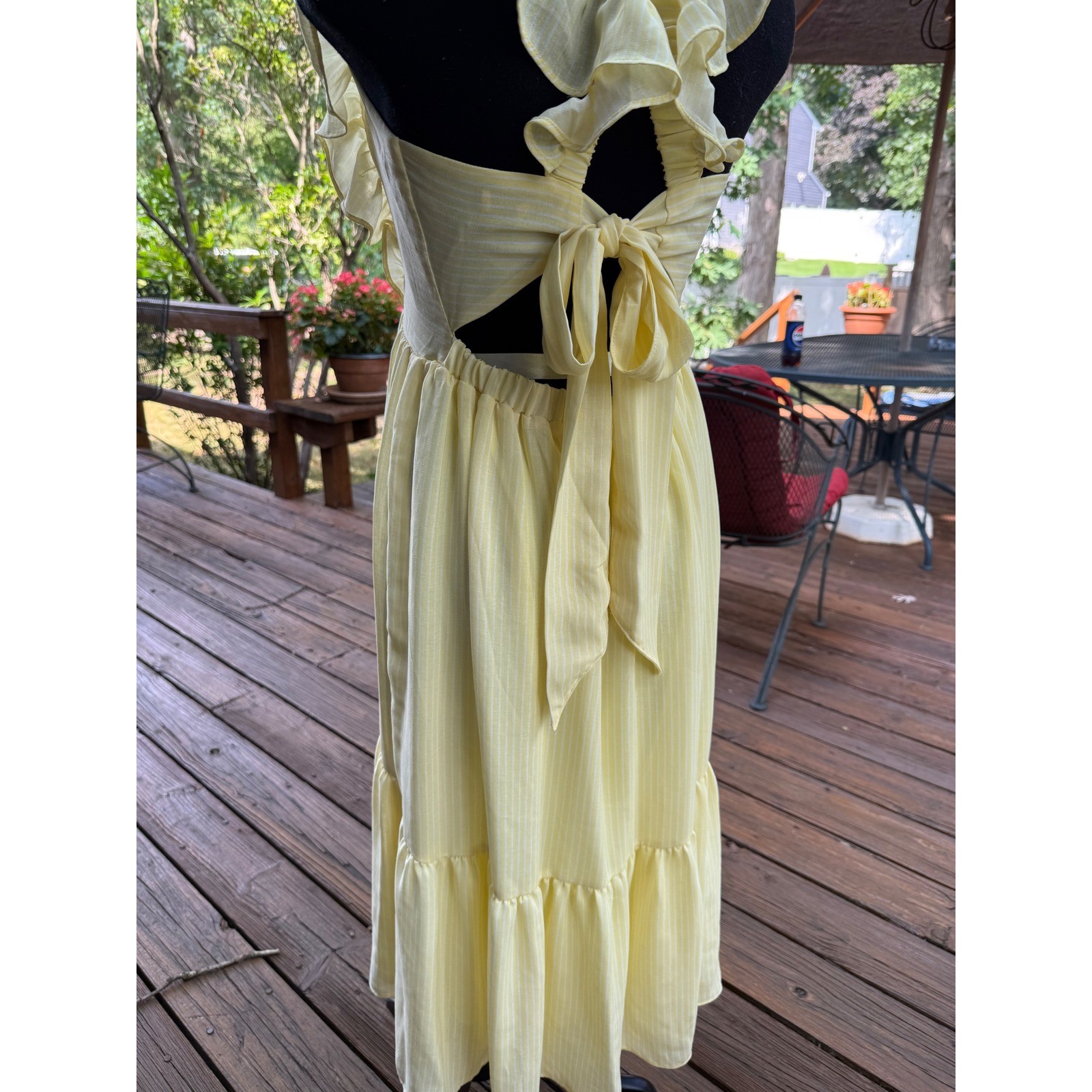 Yellow Pinstripe Ruffle Open Back Tie Midi Dress Cottagecore Sun Dress Medium