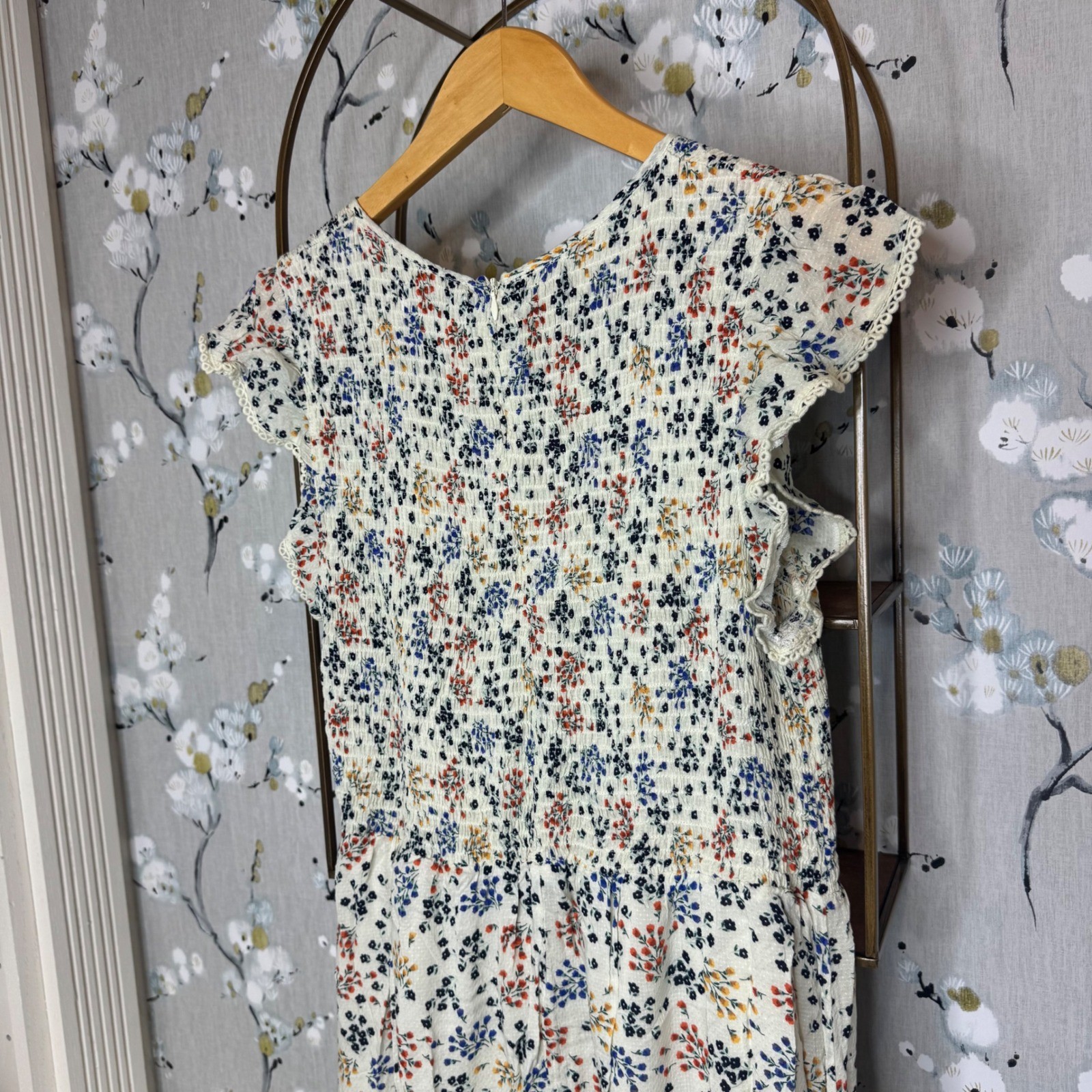 Lost + Wander Womens Floral Smocked Midi Dress Flutter Sleeve Cream Large