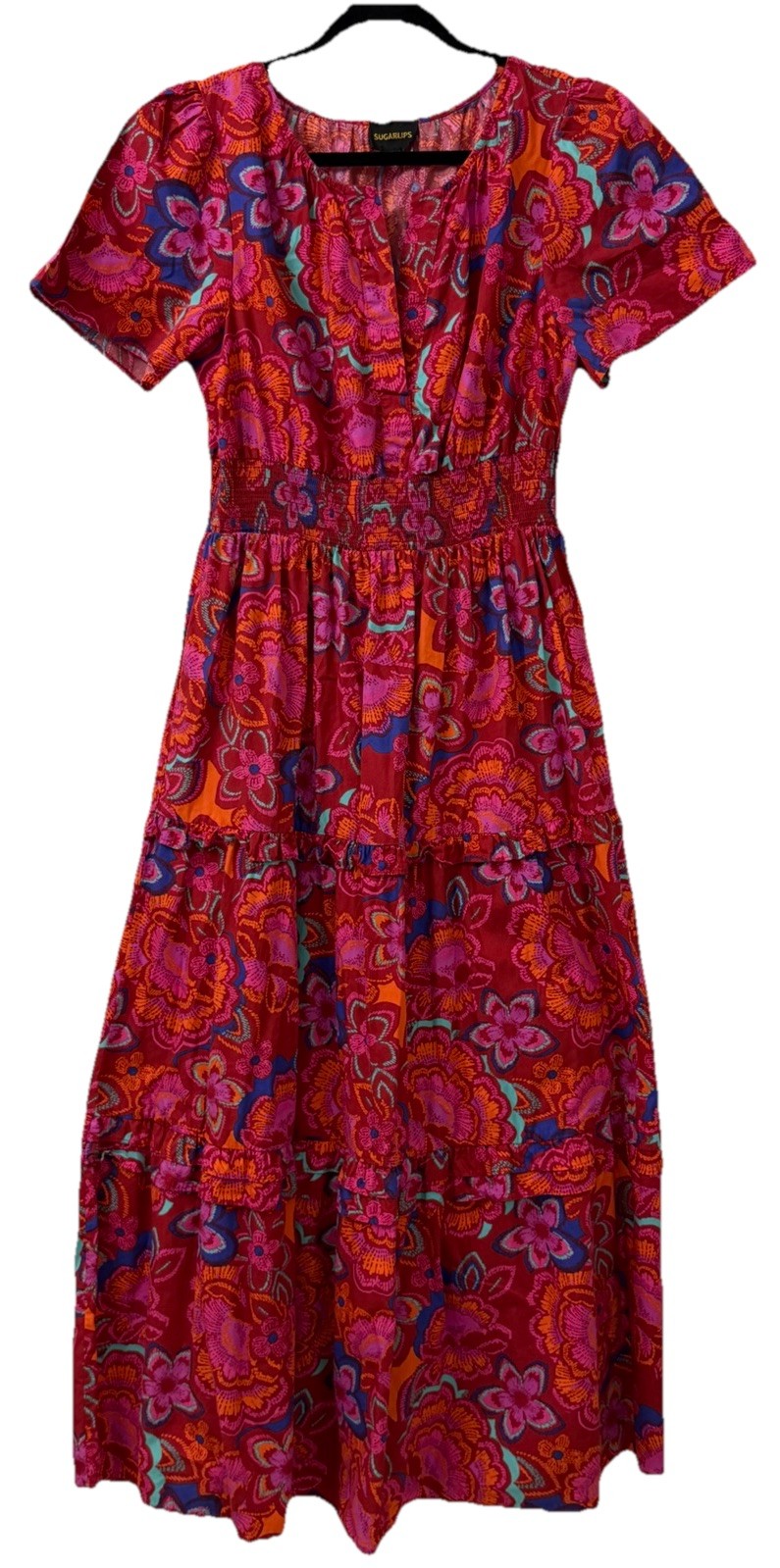 Sugarlips Palmer Tiered Maxi Dress Raveena Floral Cotton Smocked Pink Red M