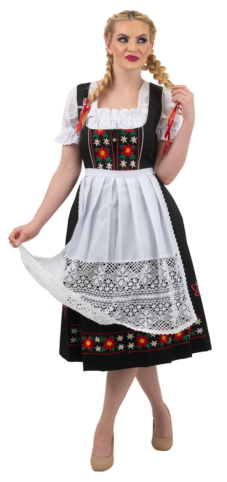 German Dirndl Dress XS S M L XL 2XL EMBROIDERY Long Black Oktoberfest Waitress