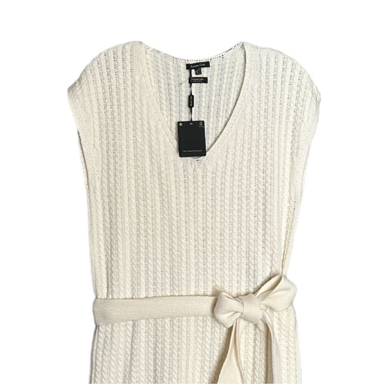 Massimo Dutti Ivory Cable Knit Sweater Dress S NWT Tie Waist Wool Cashmere Blend