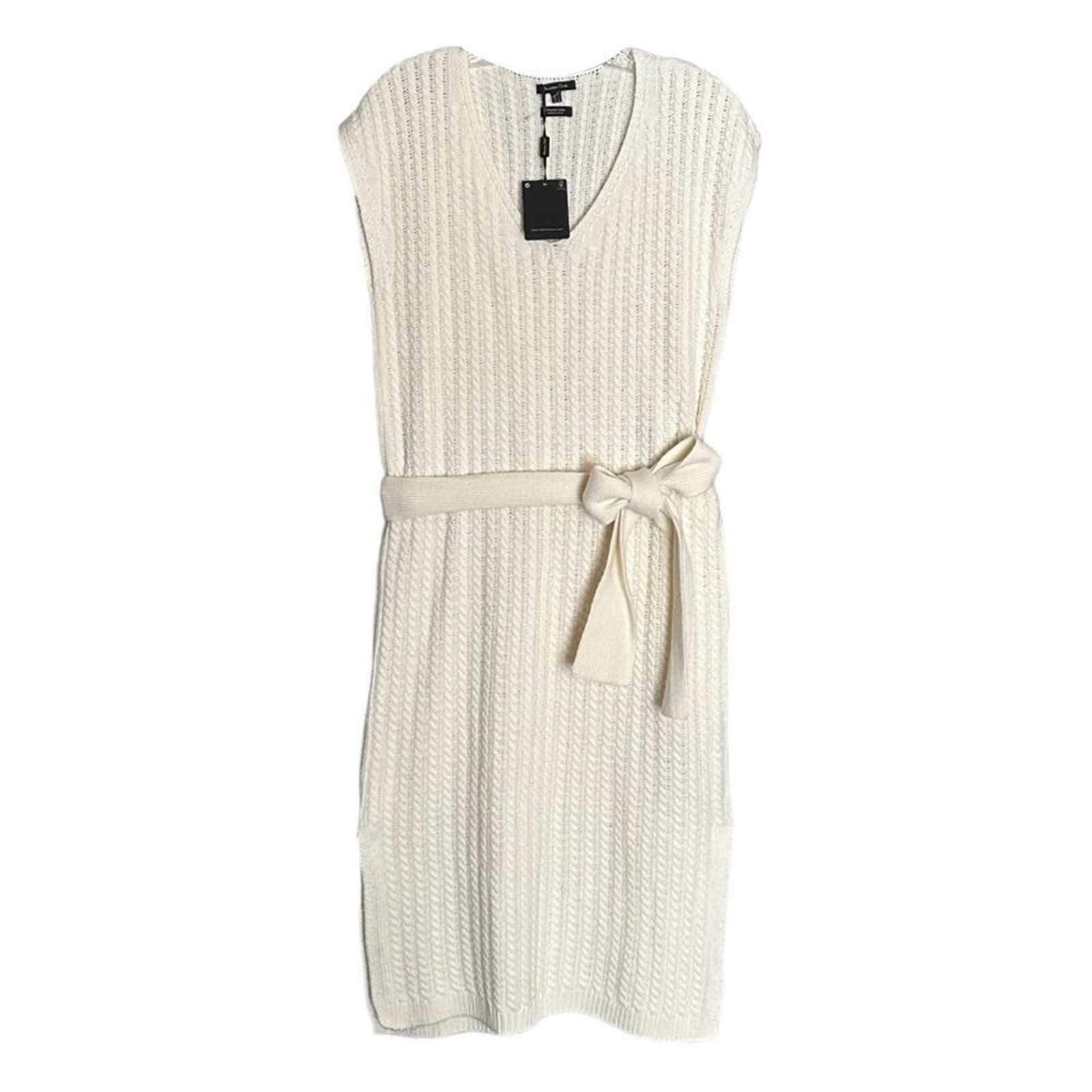 Massimo Dutti Ivory Cable Knit Sweater Dress S NWT Tie Waist Wool Cashmere Blend
