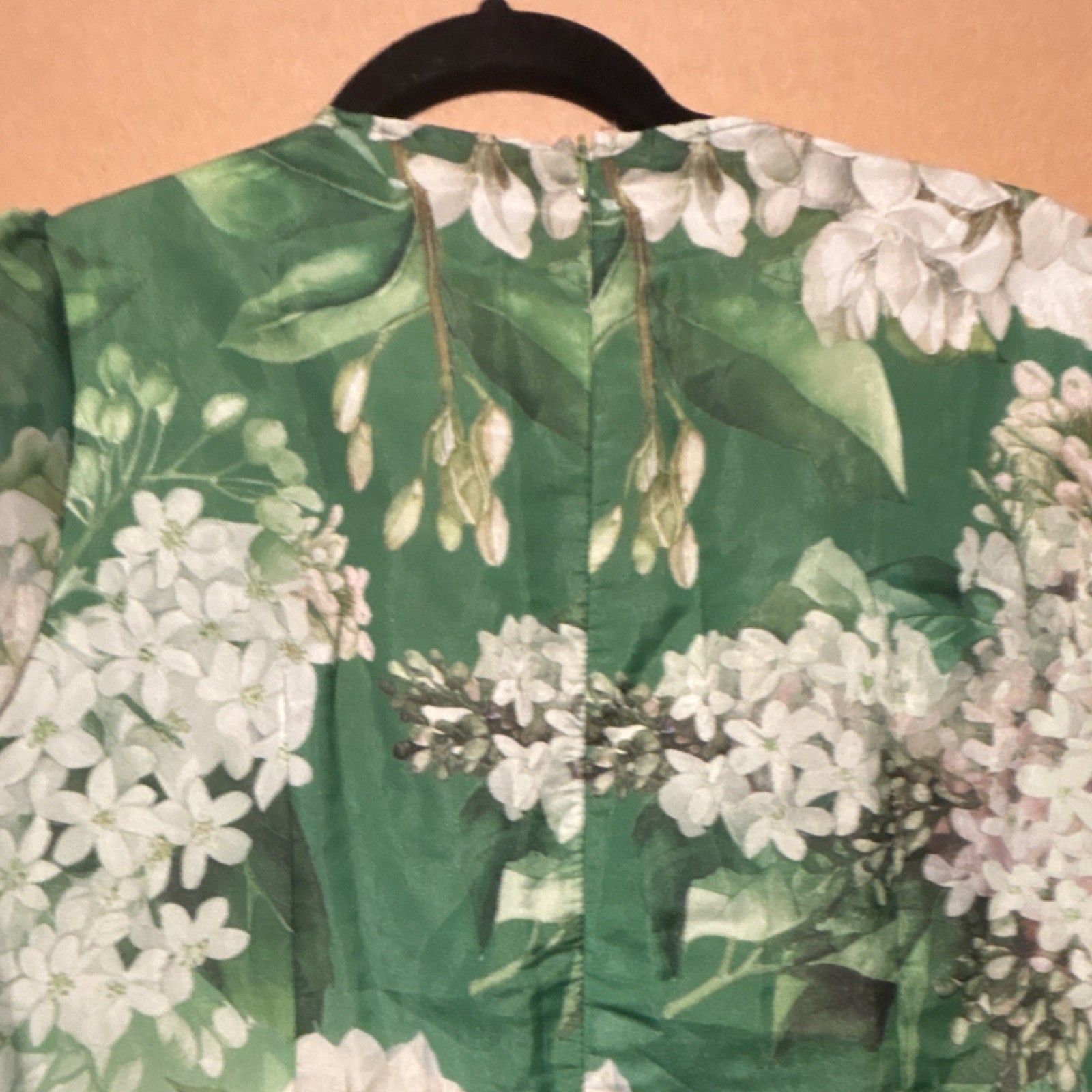Green White Floral V-Neck A-Line Short Tie Belt 3/4 Sleeve Dress S