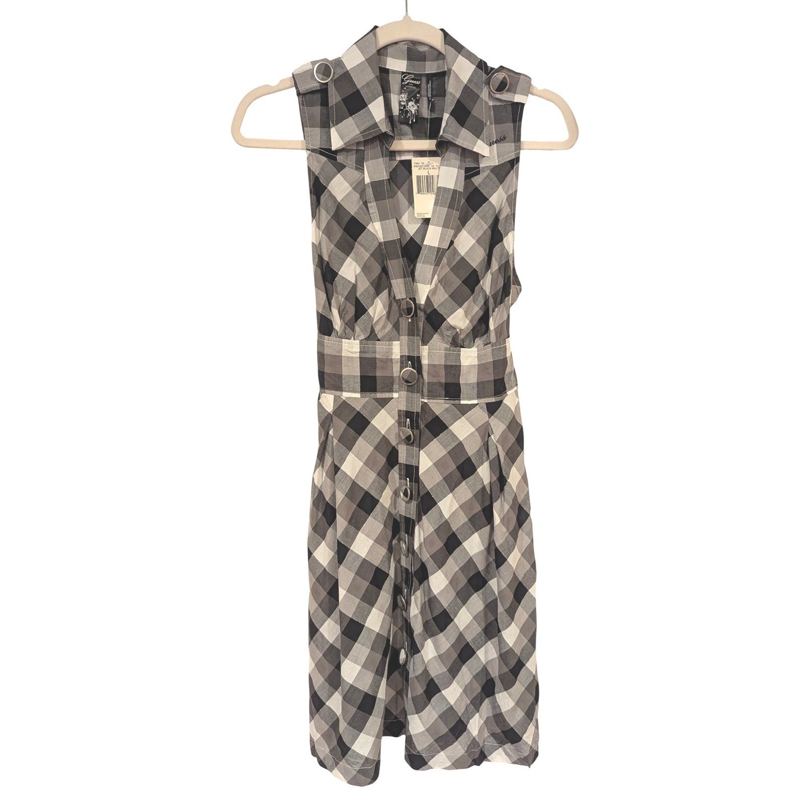NWT Guess Gingham Plaid Button Front Dress L Black White Picnic Summer Beach