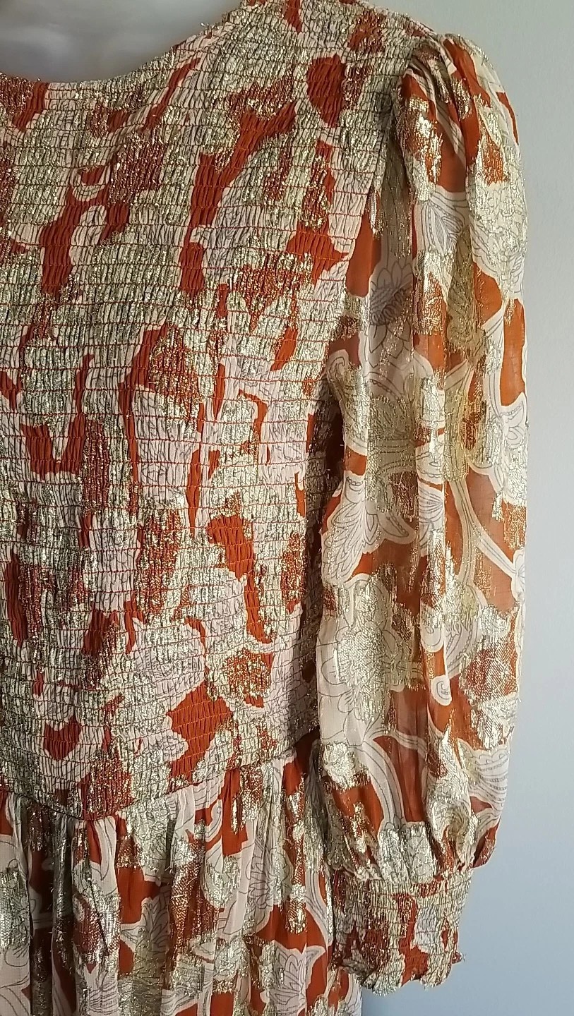 Boden Smocked Jacquard Maxi Dress Rust Copper Paisley Gold Metallic US 8 EUC