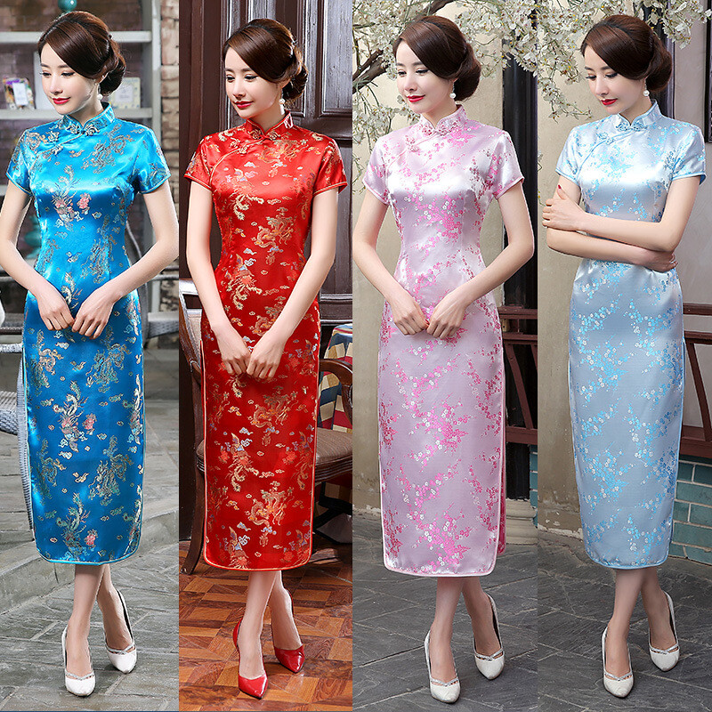 Women Summer Dress Chinese Traditional Silk Satin Cheongsam Evening Party Qipao