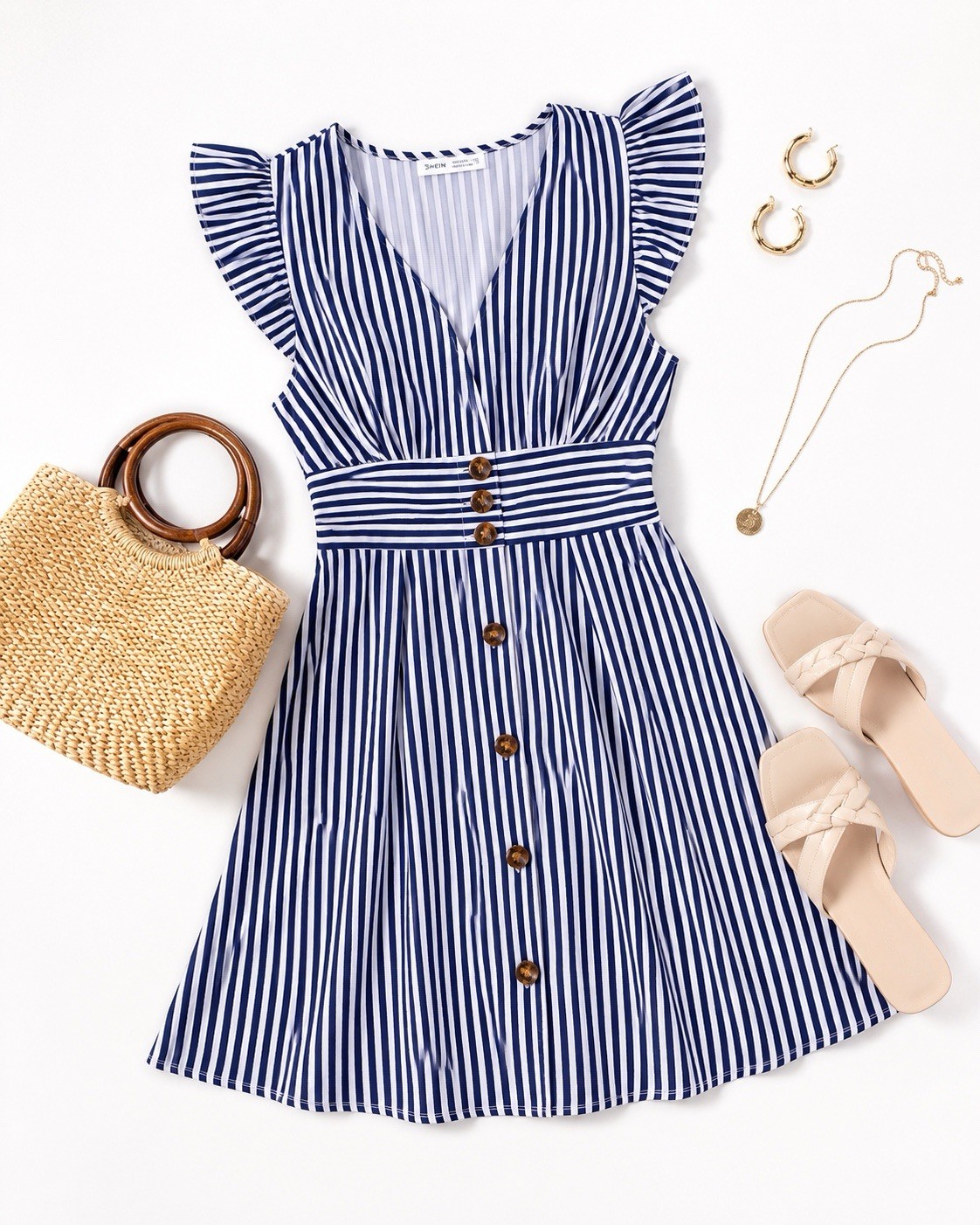 SHEIN Blue White Striped Mini Dress Flutter Sleeve Button Front Women’s Large