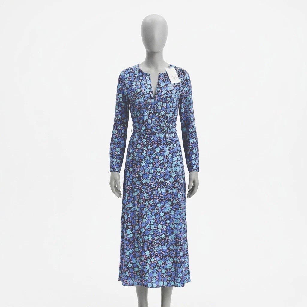 ZARA Floral Midi Dress Womens M Blue Pink Printed Belted Long Sleeve NWT