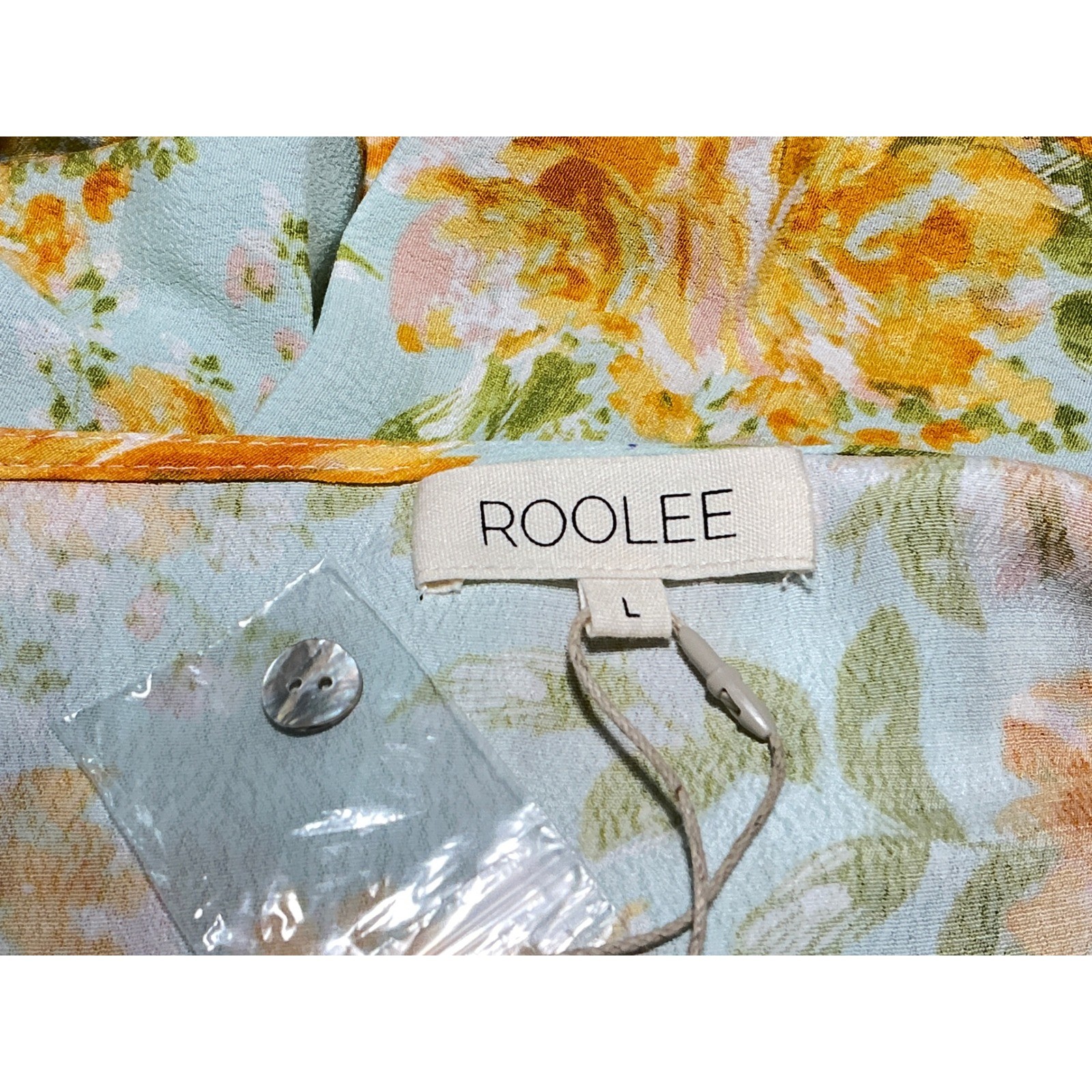 Roolee Floral Tiered Maxi Dress Large Green Orange Long Sleeve smocked cuffs