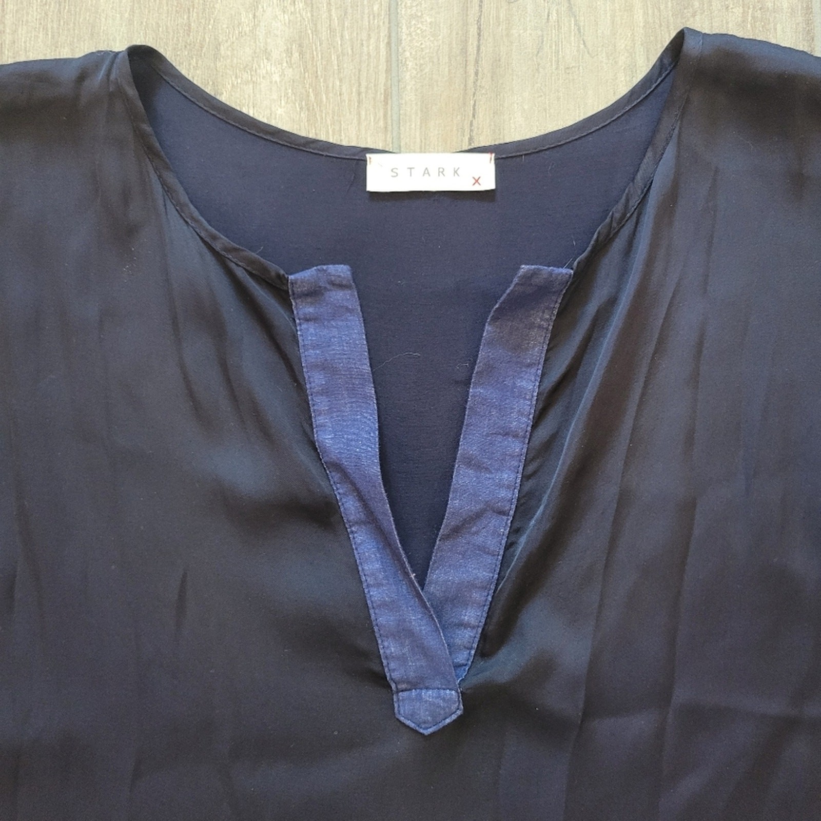 Stark X Dress Size S Sleeveless Split Neck Midi Navy Blue V Neck Slit Contrast