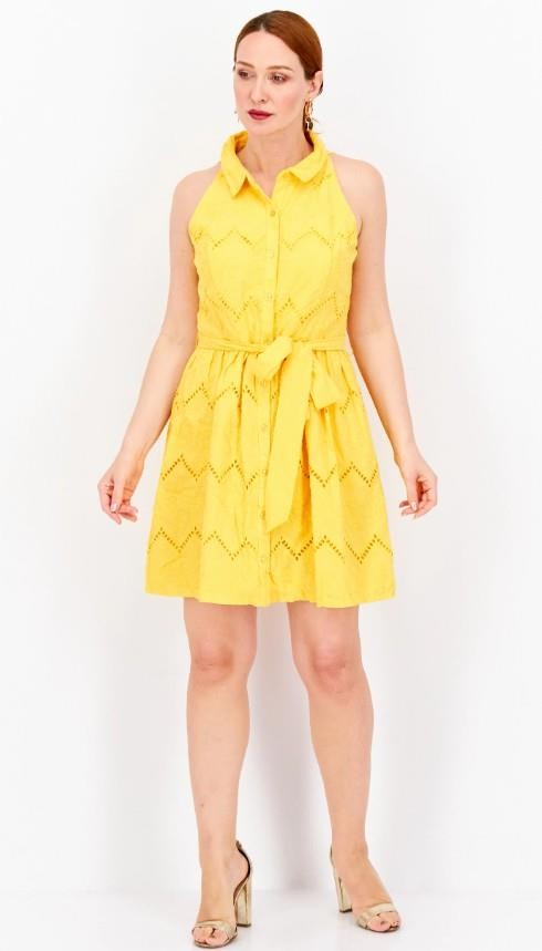 VINCE AMUTO Golden Yellow Sz 8 Sleeveless Belted Lined Eyelet Dress Side Pockets