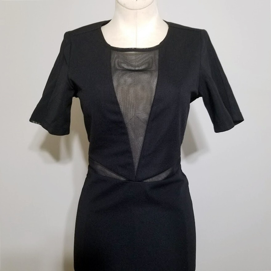 Lucca Couture Black Mesh Panel Bodycon Mini Dress Small Short Sleeve Zipper Back