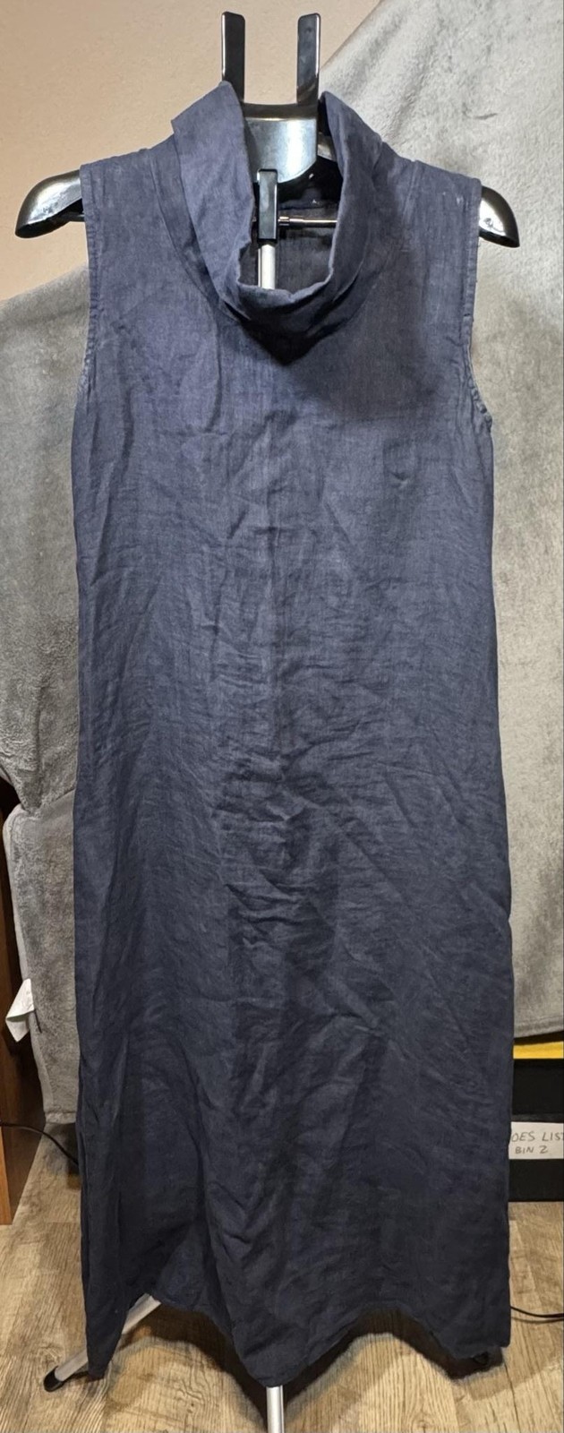 Made In Italy Dress Womens Medium Blue 100 Linen Cowl Neck Maxi Sleeveless Shift