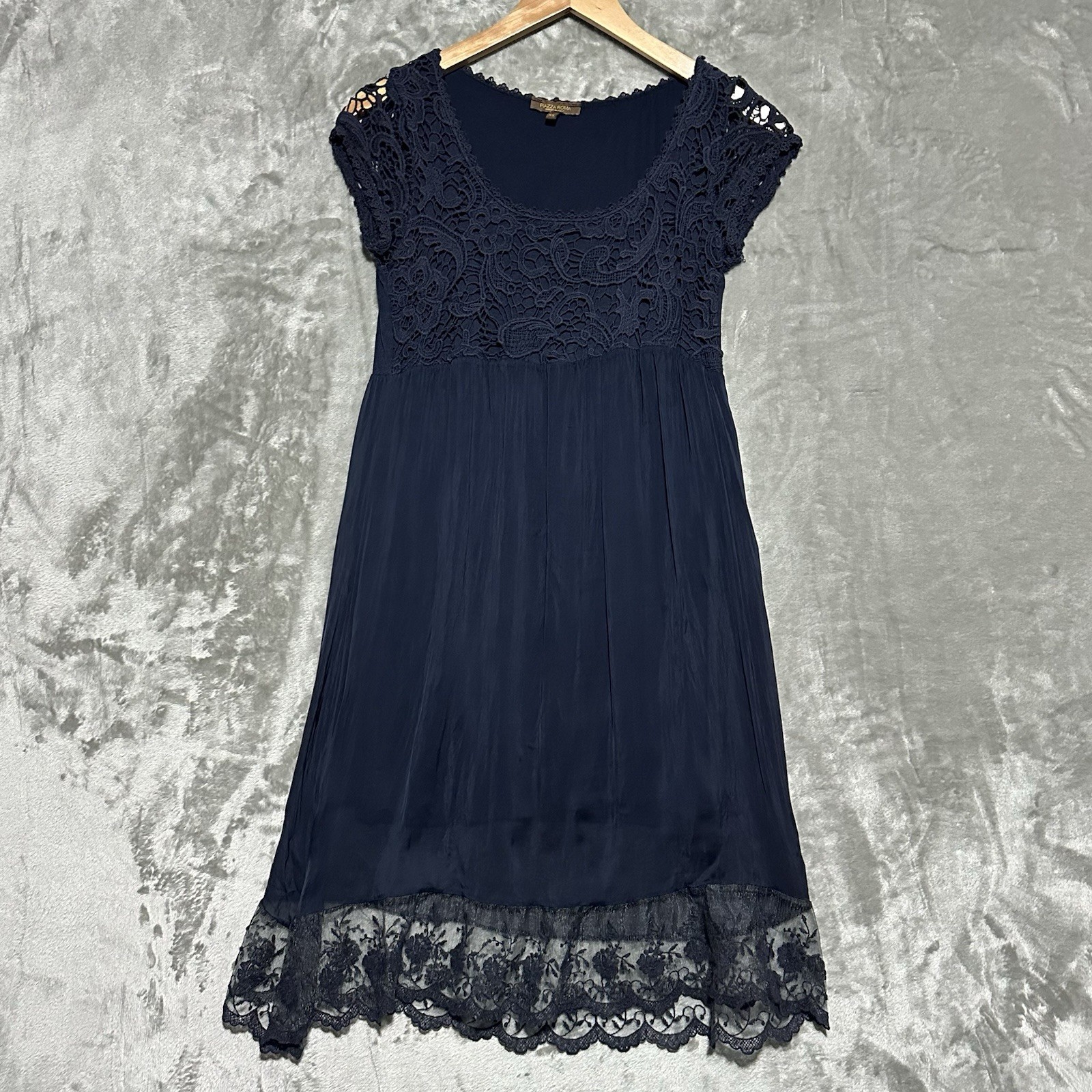 Piazza Roma 100% Silk Babydoll Shift Dress Womens XS Blue Whimsigoth Lace Hem