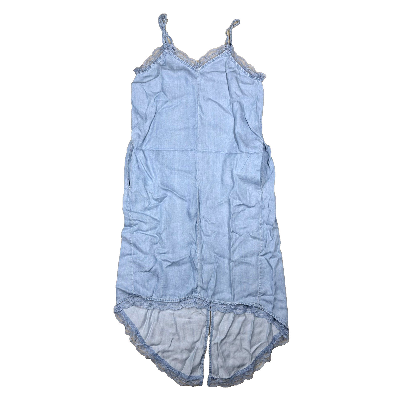Chambray Slip Dress Midi Lace Trim High Low Slit Strappy Coastal Romantic Blue M