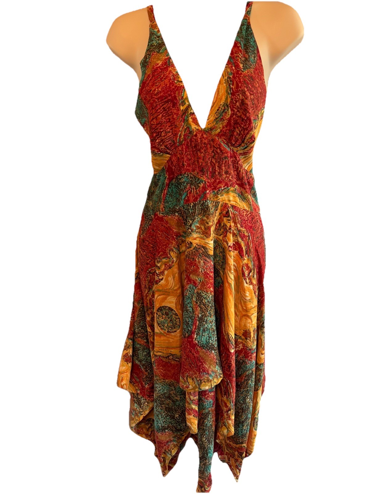 India Boutique Women’s XS/S Boho Handkerchief Hem Sundress Plunge V. CL