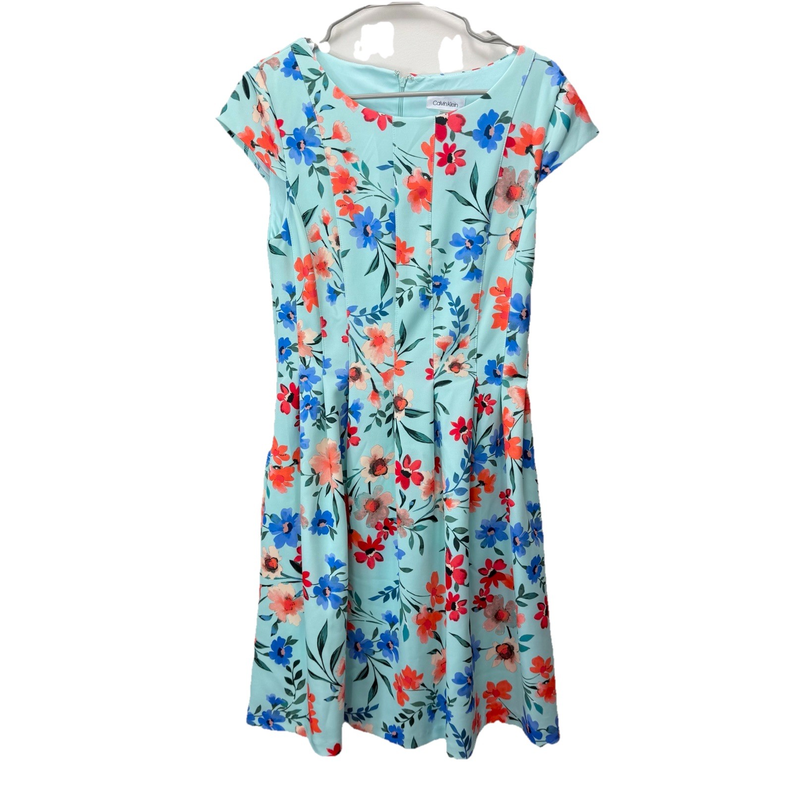 Calvin Klein Colorful Floral Cap Sleeve Pleated Pockets Scuba Flare Dress 10