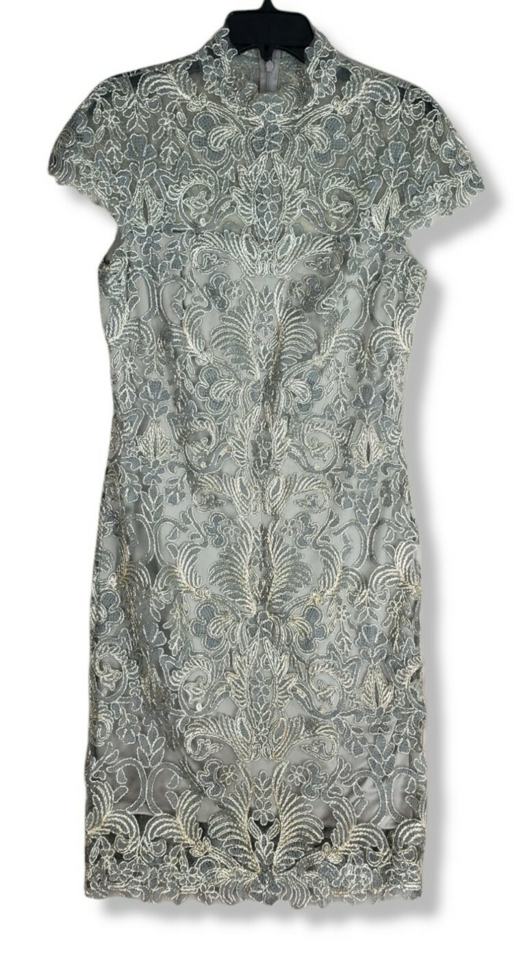 Tadashi Shoji Women’s Corded Lace Cap-Sleeve Dress – Smoke Pearl – Gold Size 10