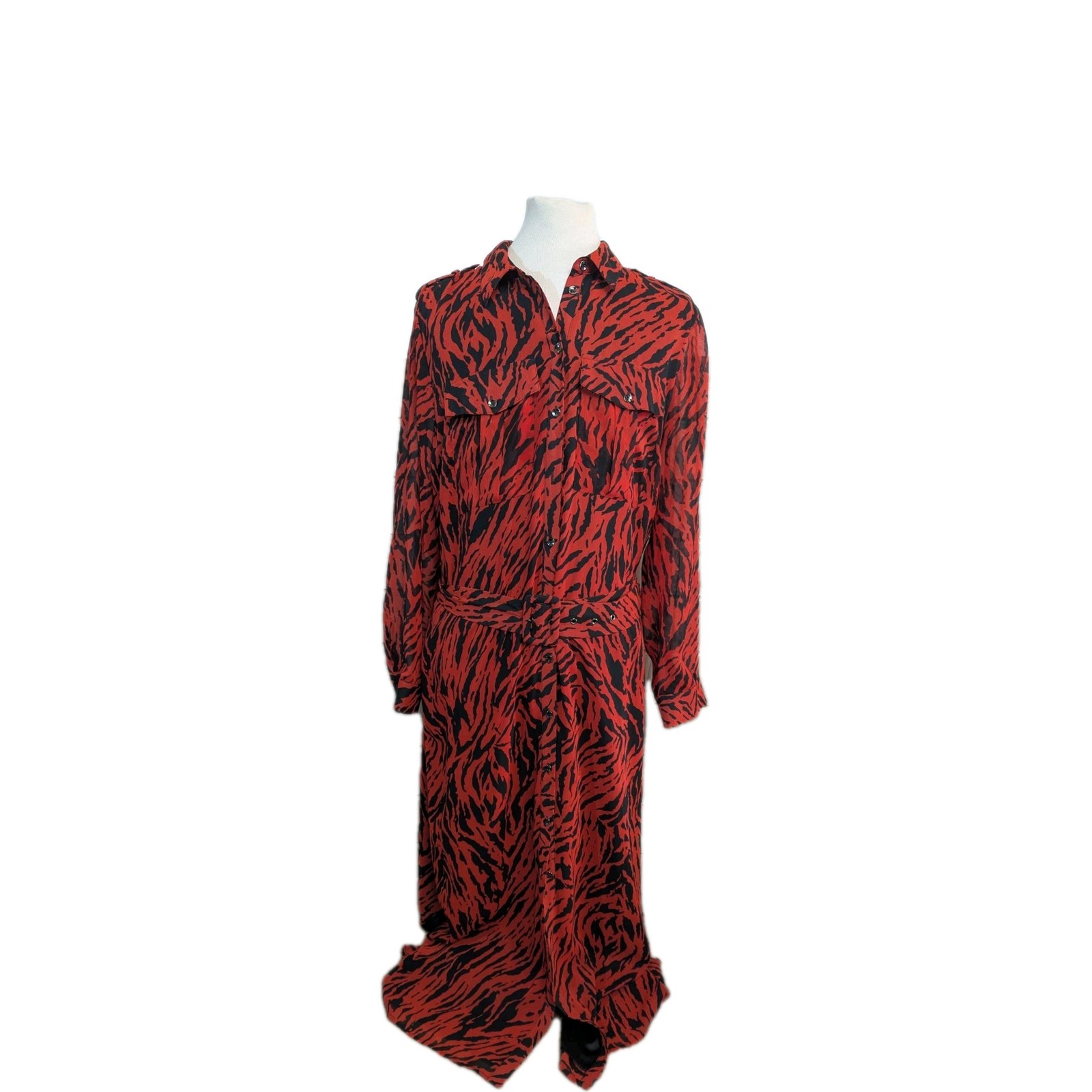 Mint Velvet Dress Ladies Layered Tiger print Cherry Red Flow Button Up UK 18