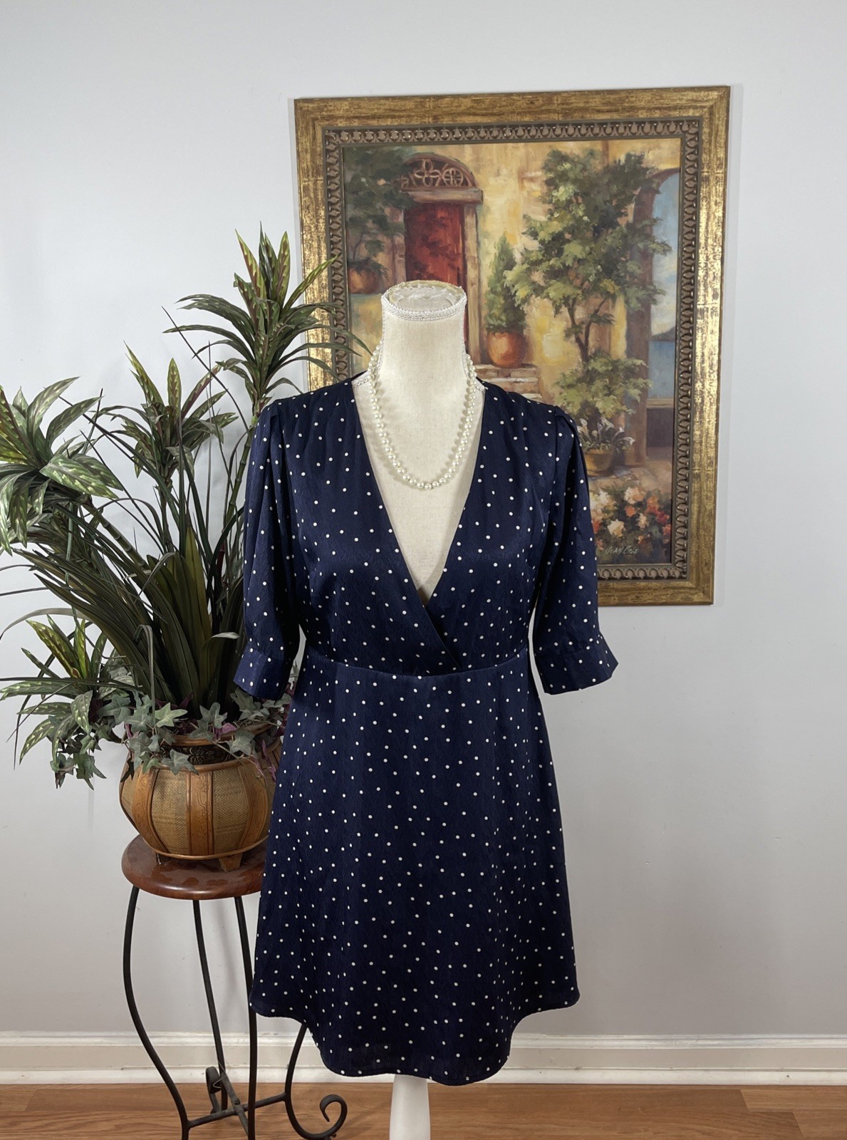 Lumiere Women’s M Navy Polka Dot Fit & Flare Dress V-Neck 3/4 Sleeve Cottagecore