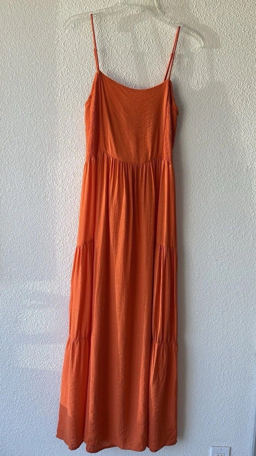 Lush Women’s Maxi Dress Tie Back Size Small Orange Adjustable Straps Tiered Boho