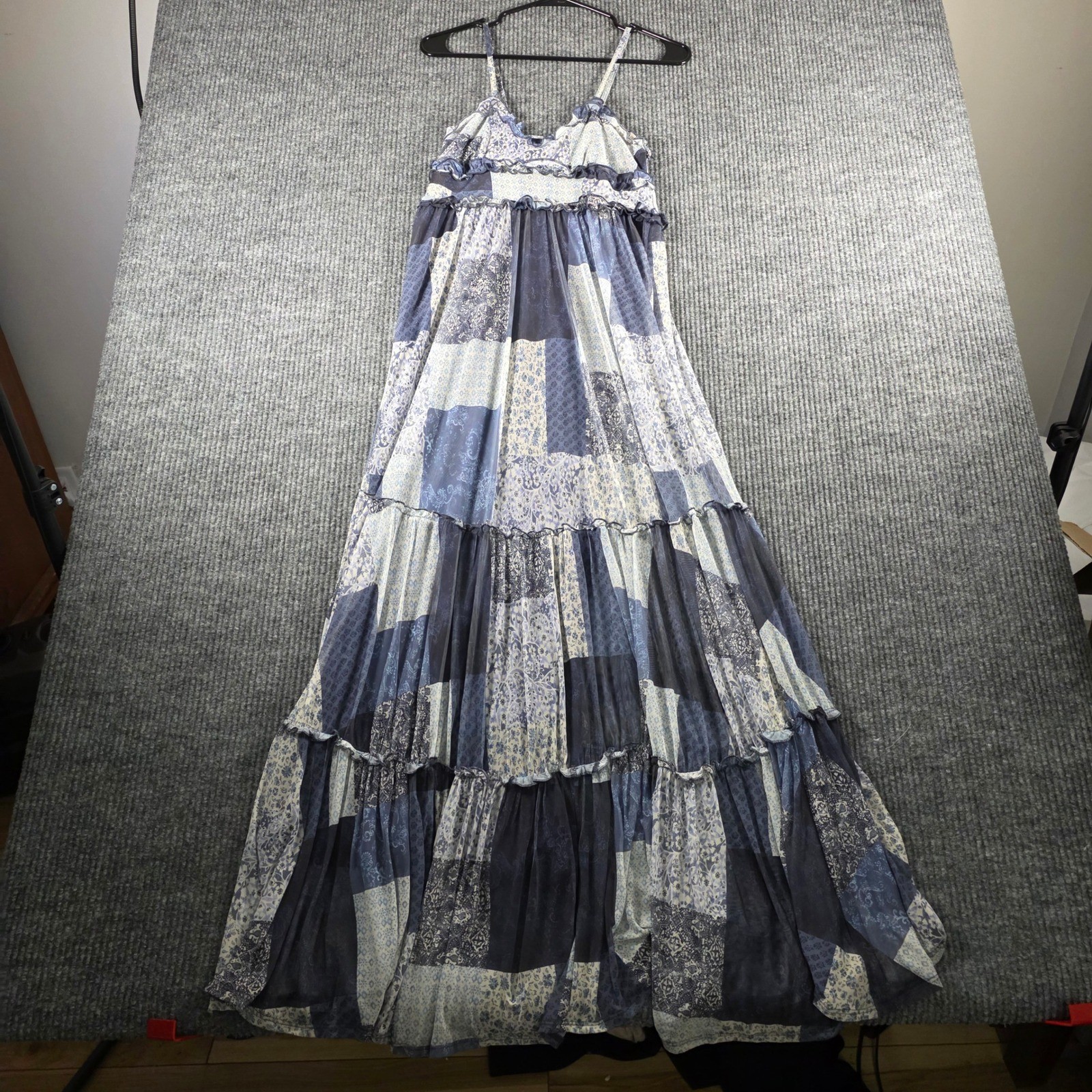 Arizona Jean Co Womens XS Blue Patchwork Floral Ruffle Tiered Maxi Dress NWT