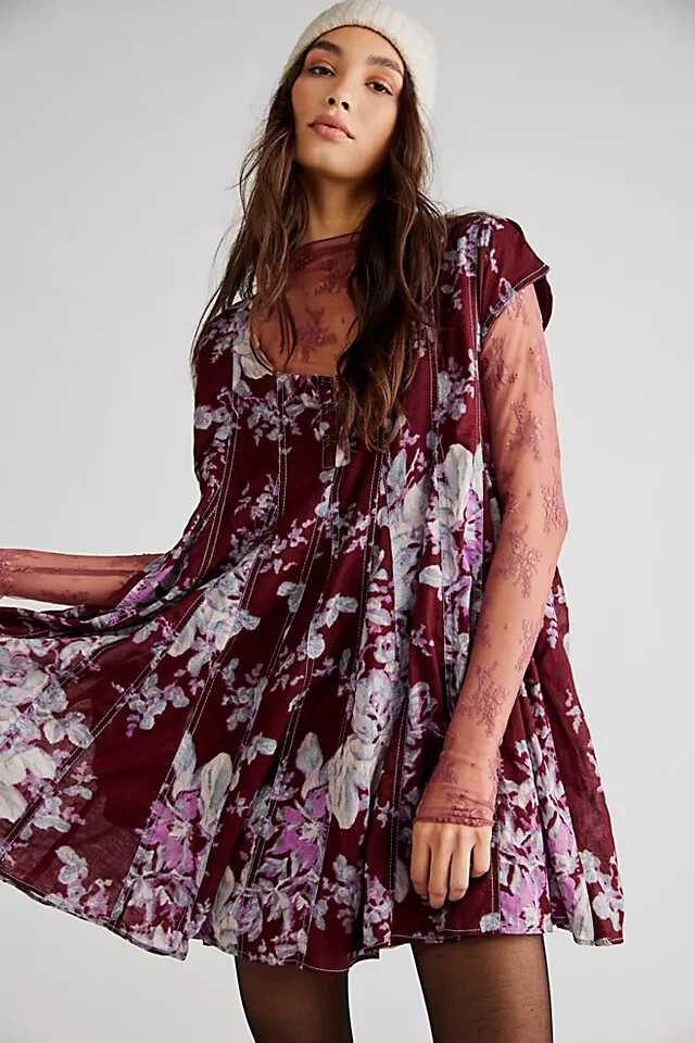 Free People Sully Mini Summer Dress Size Small Purple Combo Floral Print Flowy
