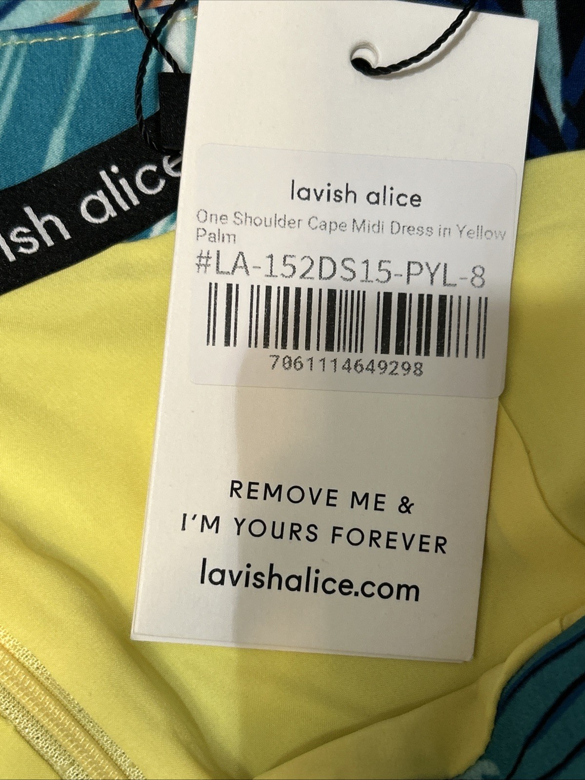 NWT *FLAW* Lavish Alice One Shoulder Cape Midi Dress Yellow Blue Palm Print Sz 4