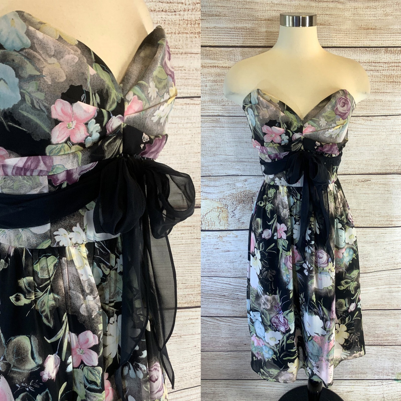 SIRI Strapless Party Dress 8 Black Floral 100% Silk Tie Belt Empire Waist Pleats