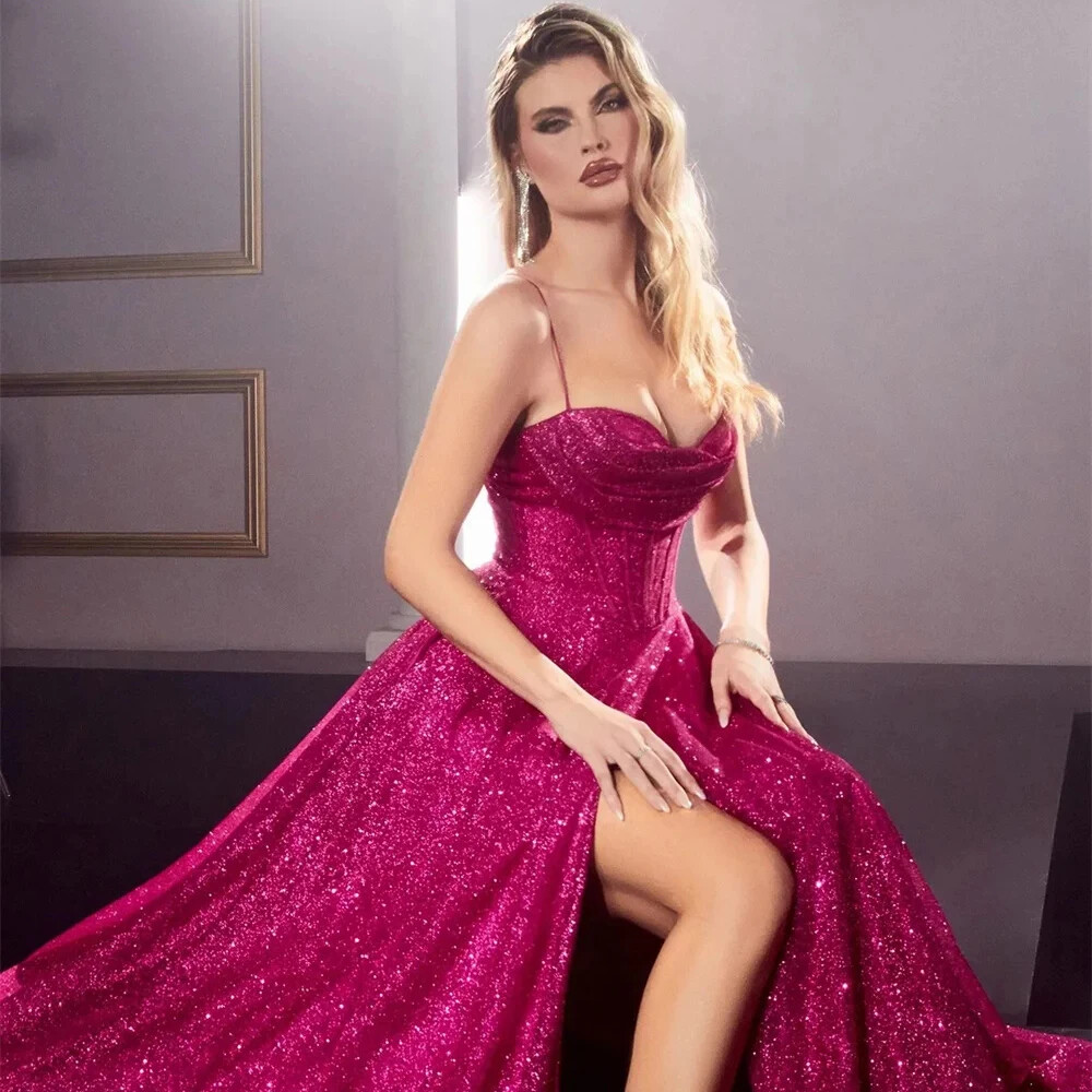 Sparkly Simple Spaghetti Tulle Evening Dresses Sweet Heart Ball Gown High-Split
