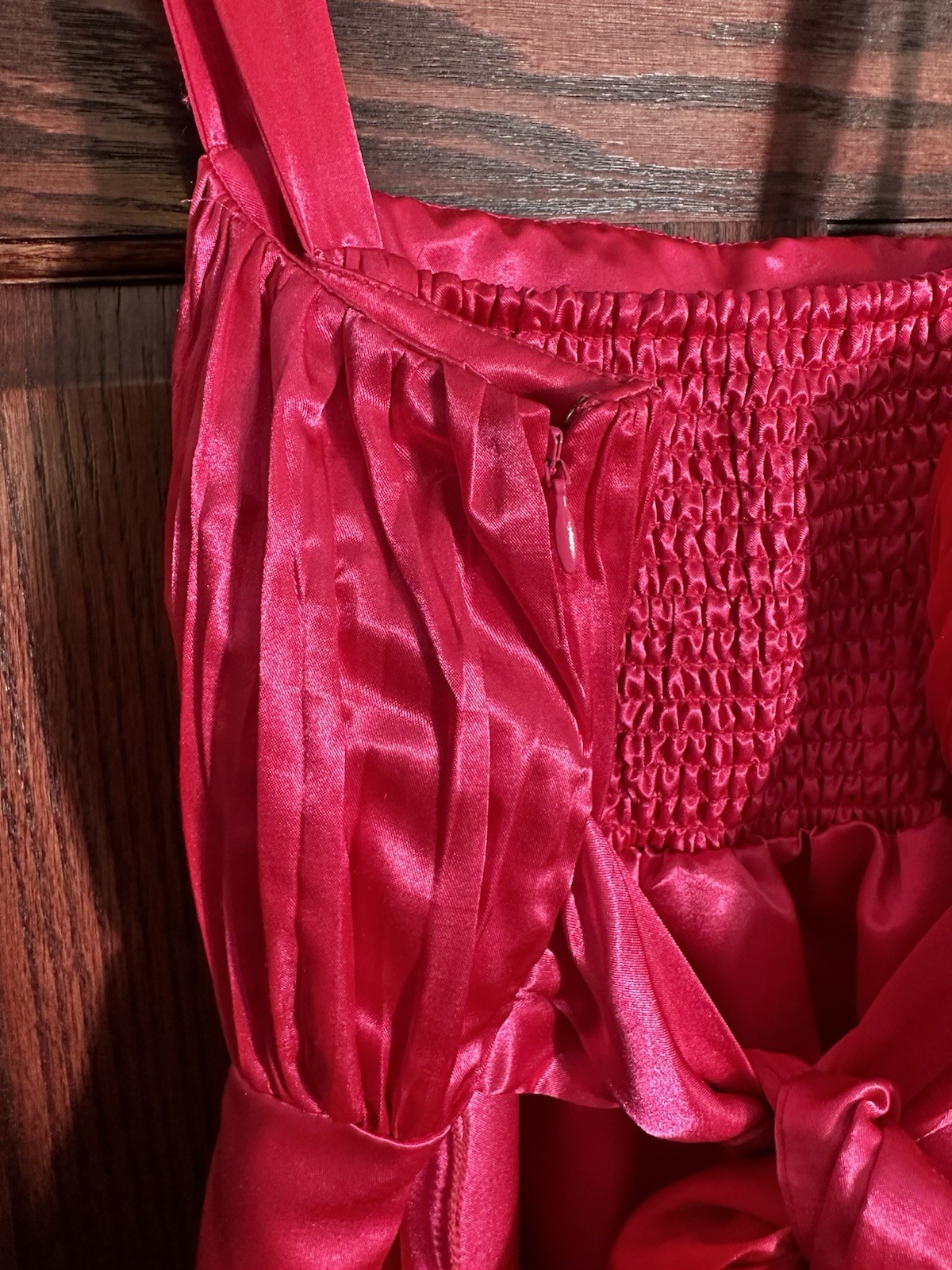 Anthropologie Satin Fit Flare Formal Dress Hot Pink Pleated Bow Back Sz 10 NWT