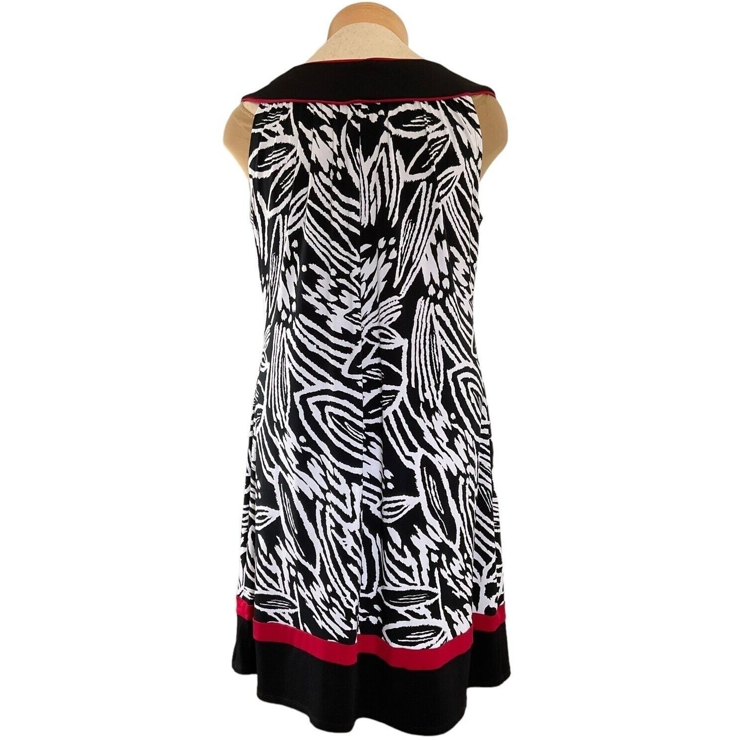Enfocus Studio Women Black White Abstract Leaf Print Sheath Dress Red Trim 12