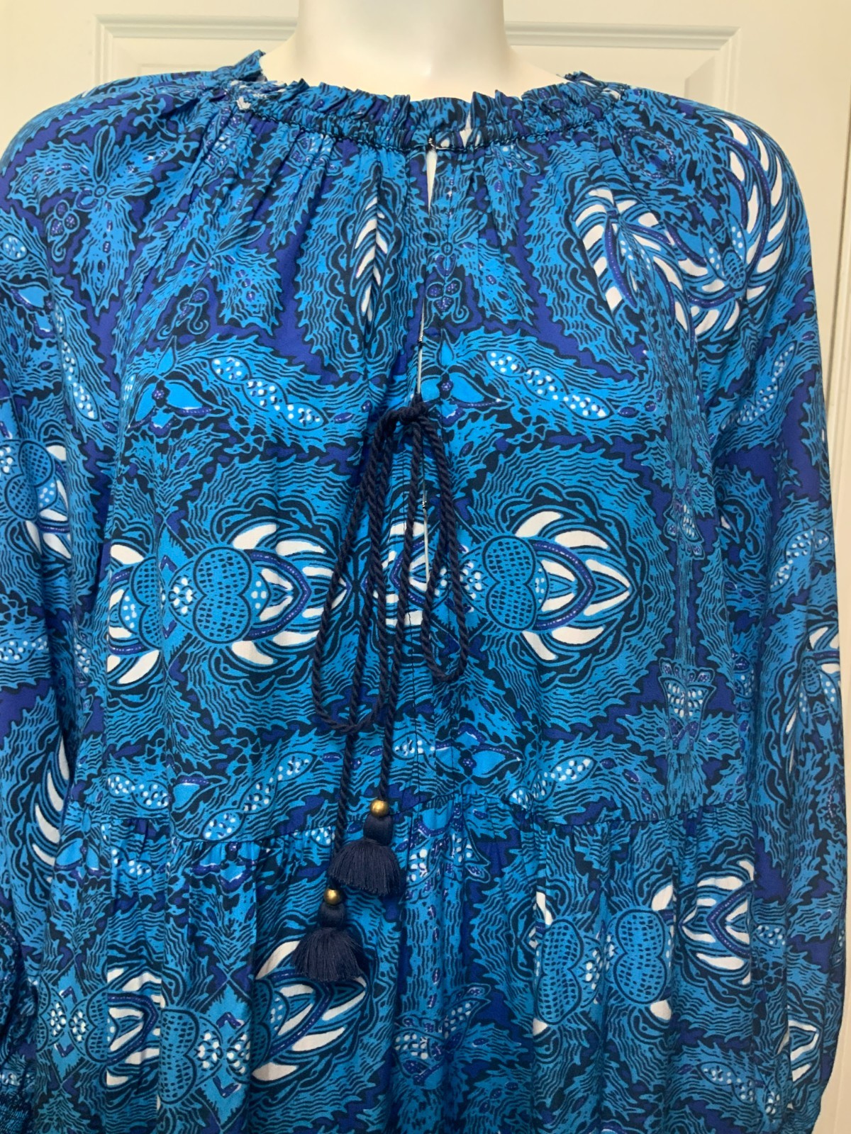 Figue Blue White Batik Print Long Sleeve Flowy Bella Dress, Size Medium