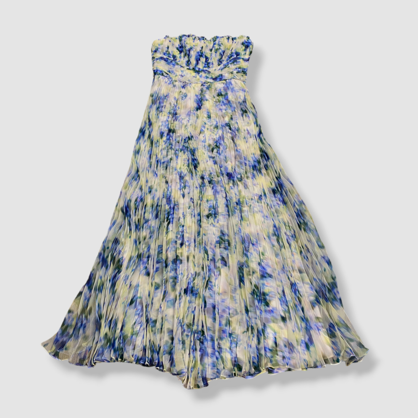 $896 Theia Women’s Blue Abstract Pleated Strapless Ingrid Gown Dress Size 12