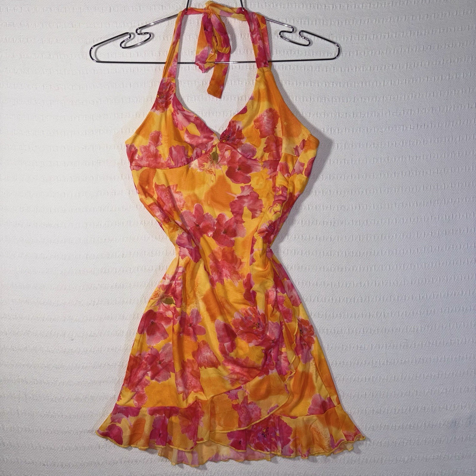 Womens Y2K Fairy Halter Babydoll Dress Size M Floral Romantic Going Out Party