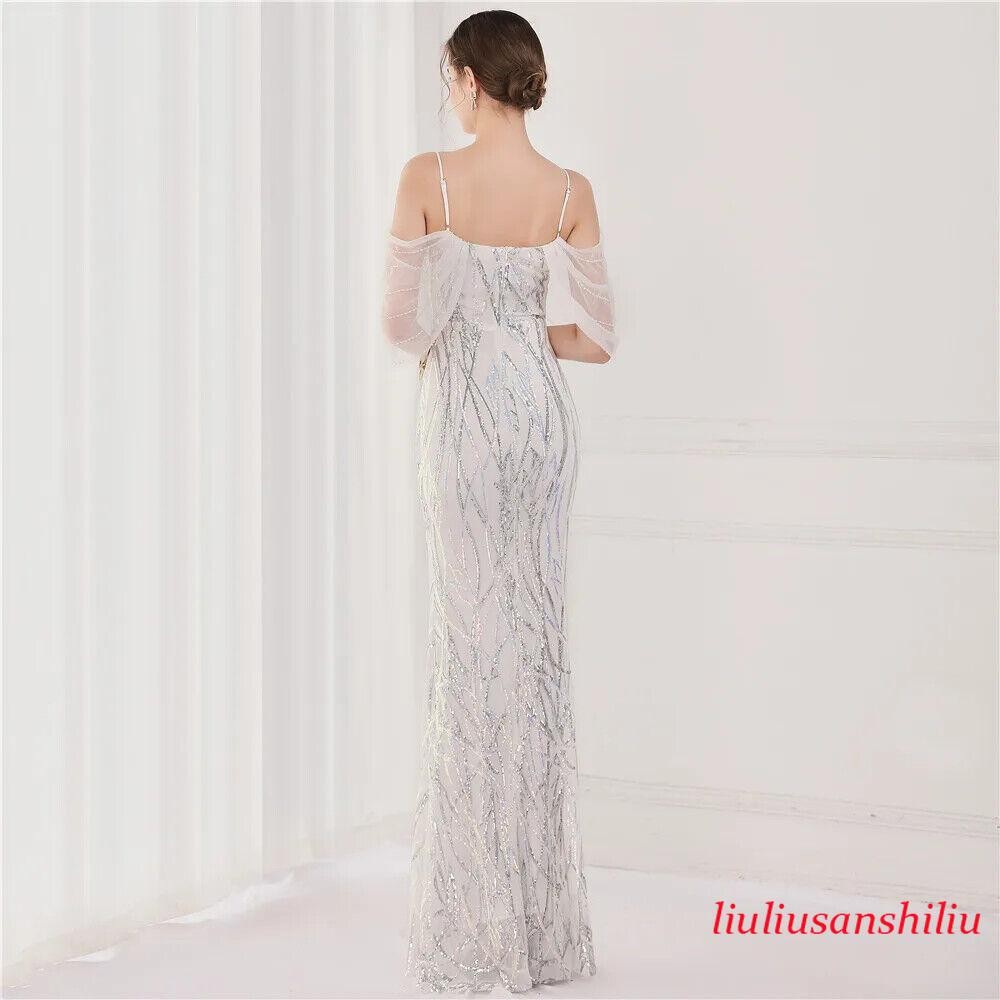 Women’s Wedding Elegant Beading Evening Green Sequin Strap Maxi Long Prom Dress