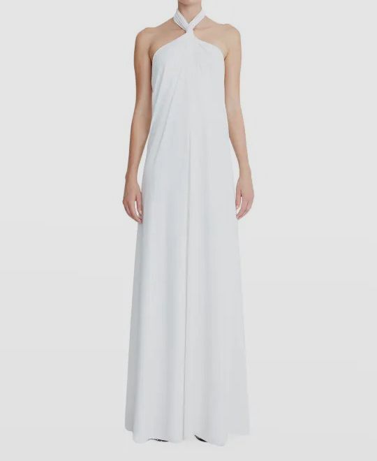 $445 Halston Women’s White Lilah Twisted Self-Tie Halter Neck Gown Dress Size 10