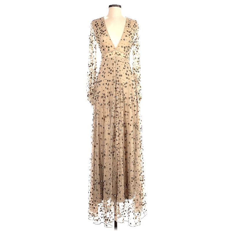 LoveShackFancy Maxi Gown Gold Nude Sequin-Embellished Tulle Janet Dress Sz 0