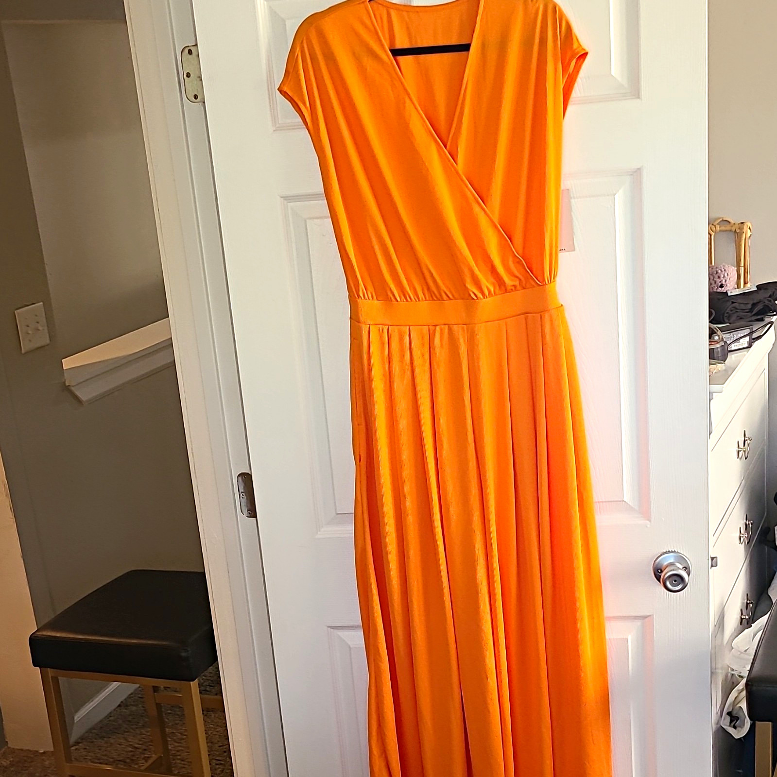 Halara Orange Solid Jersey Maxi Long Wide Leg Jumpsuit V-Neck Pleat