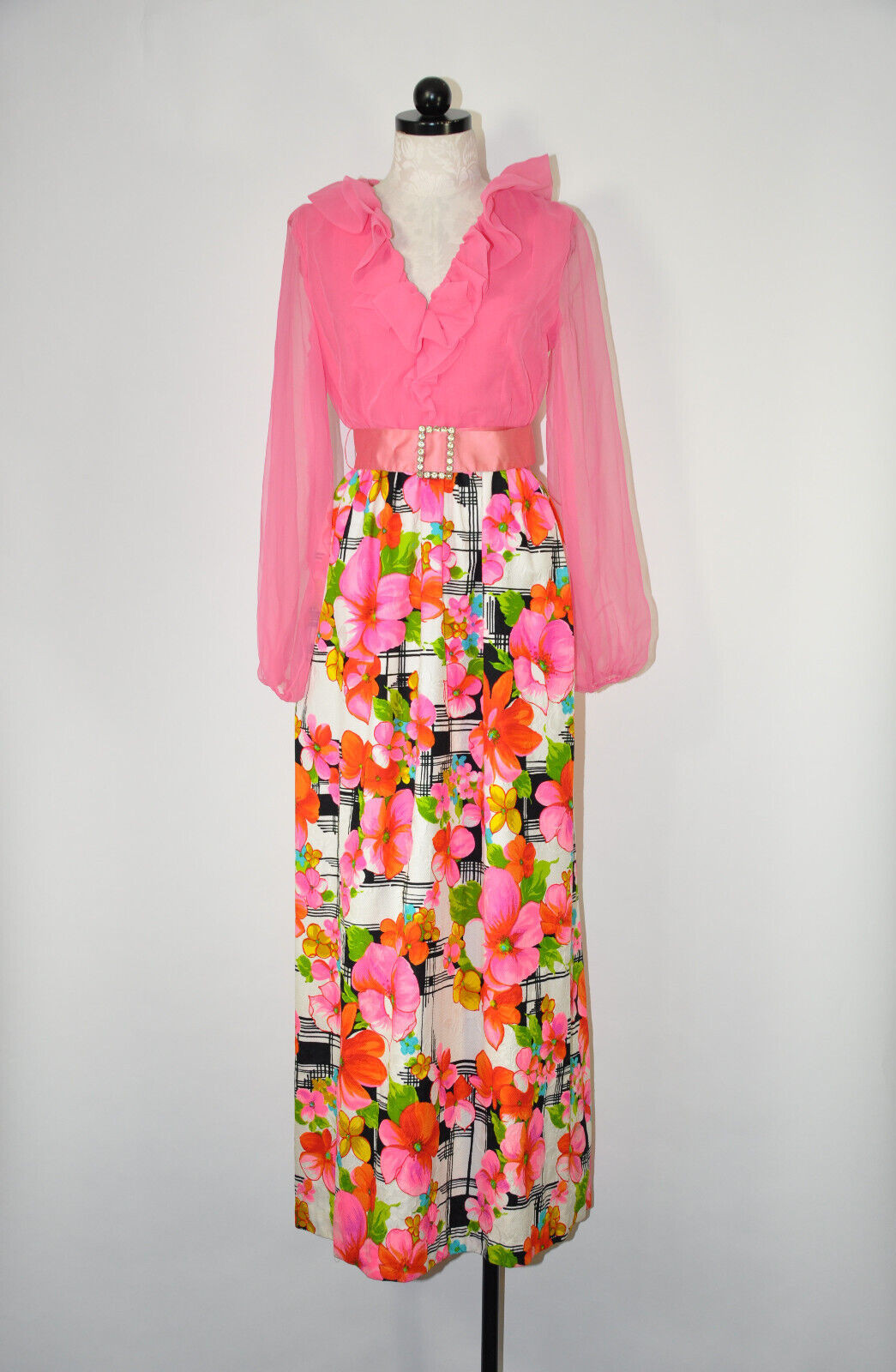 Vtg 1960s Pink Tropical Floral Bishop Sleeves Ruffled Maxi Dress Evening Gown S
