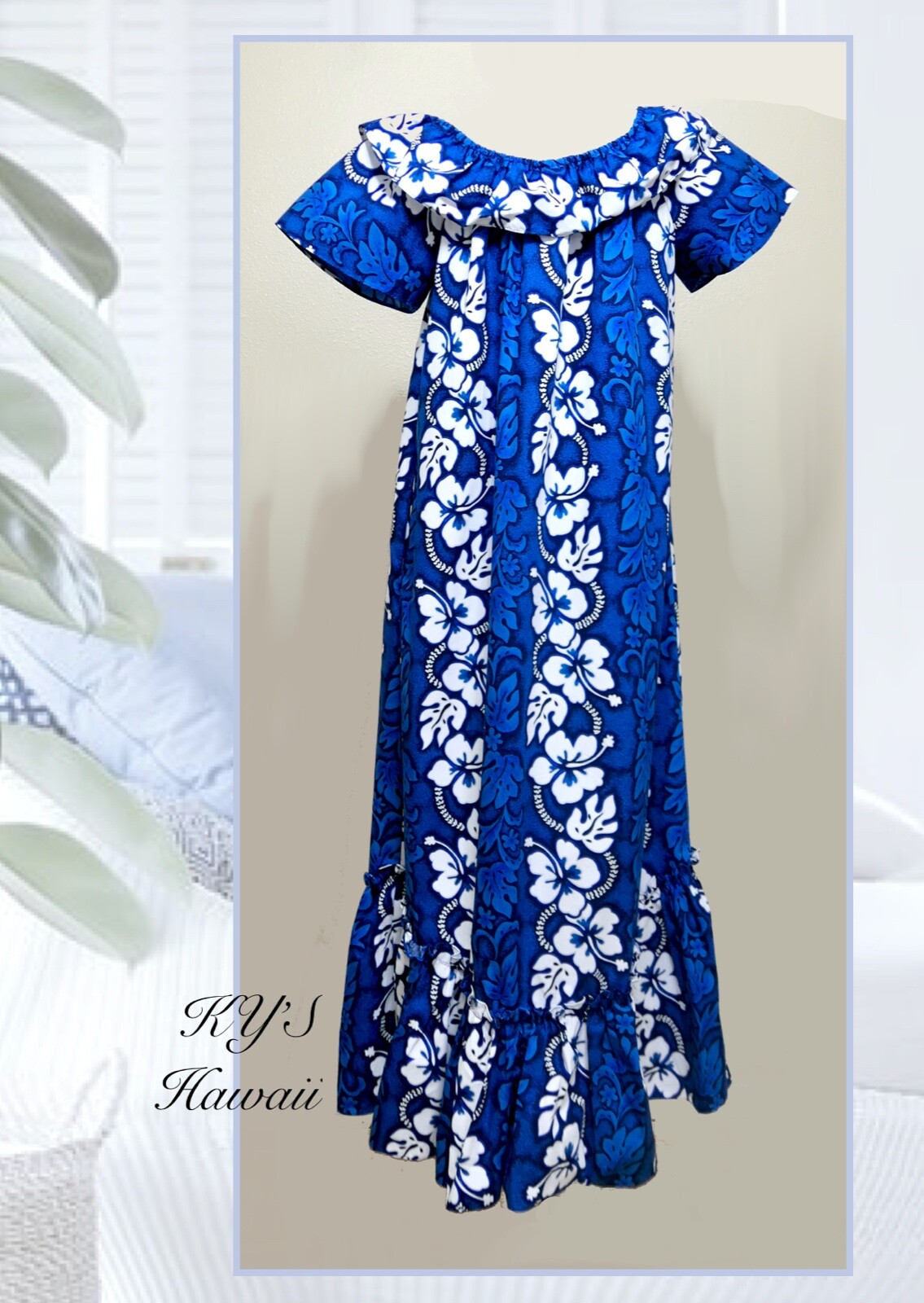 KYS Hawaii Rich Blue Floral Ruffle Tropical Maxi Shift Dress S