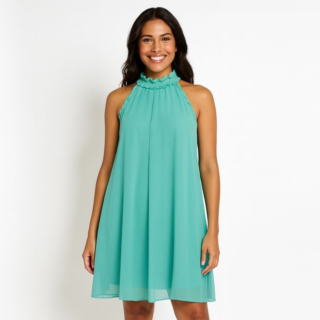 BCBG Generation Turquoise Halter Neck Shift Dress Sleeveless Chiffon Ruffle Trim